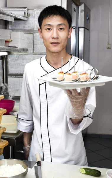 Japanese chef with  sushi — Stock Photo, Image