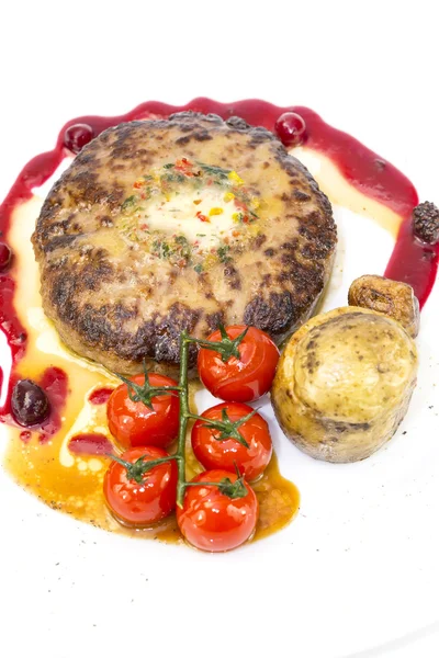 Steak with tomato sauce and mushrooms — Stock Photo, Image