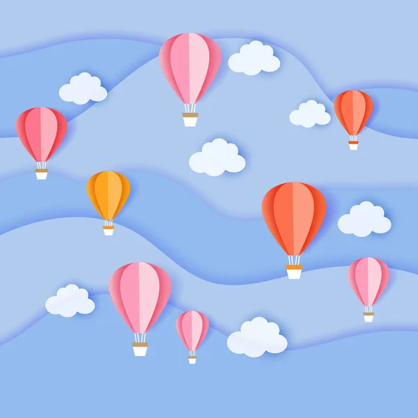 Flying colorful balloons among the clouds and sky. — Stock Vector