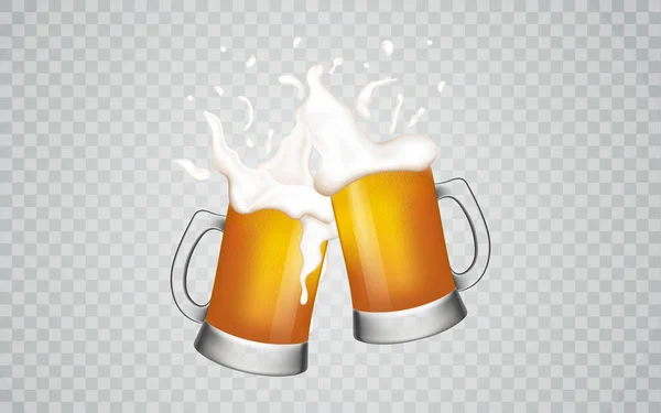 Glas mokken bier.Glas mokken bier.Koude drank met wit schuim op een geblokte achtergrond. — Stockvector