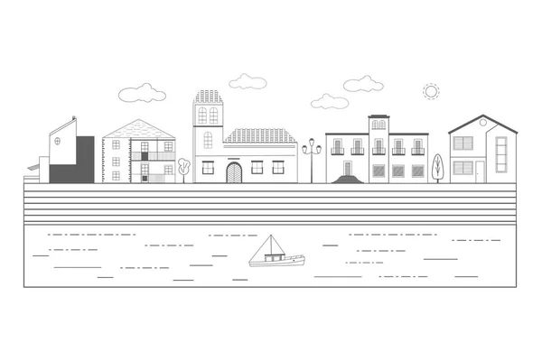 Rua da cidade com casas modernas, moradias e uma igreja. Paisagem urbana monocromática com casas e lojas residenciais. —  Vetores de Stock