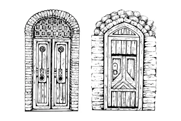 Kézzel rajzolt vintage ajtó.Zárt hófedett bejárat hóban karácsonyi koszorúval. — Stock Vector
