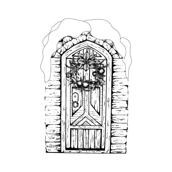 Kézzel rajzolt vintage ajtó.Zárt hófedett bejárat hóban karácsonyi koszorúval. — Stock Vector