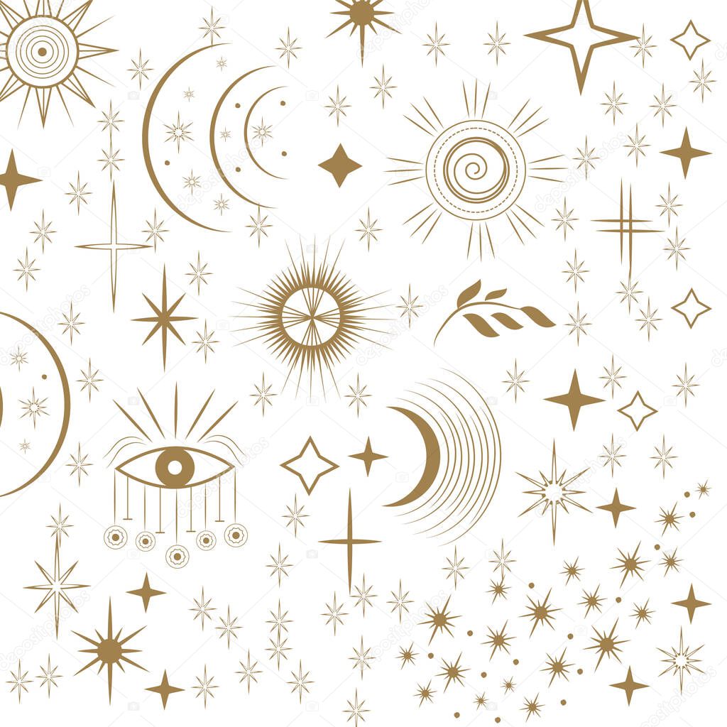 The main magical signs of the tarot.Golden linear drawing and trendy style.Star seamless pattern and Boho astrology.