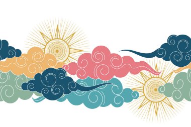 Geleneksel oryantal süs. Gökyüzünde yüzen bulutlar. Tibet ya da Çince dikişsiz desenler..