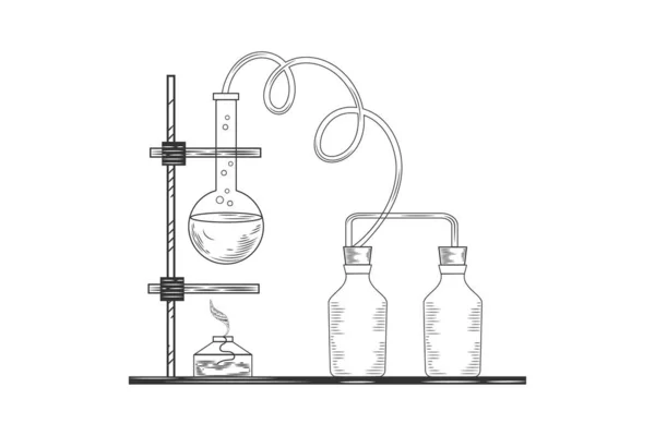 Vector Pharmaceutical Glass Flasks Beakers Test Tubes Old Engraving Style — Stock Vector