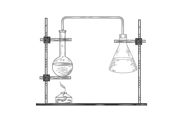 Vector Pharmaceutical Glass Flasks Beakers Test Tubes Old Engraving Style — Stock Vector