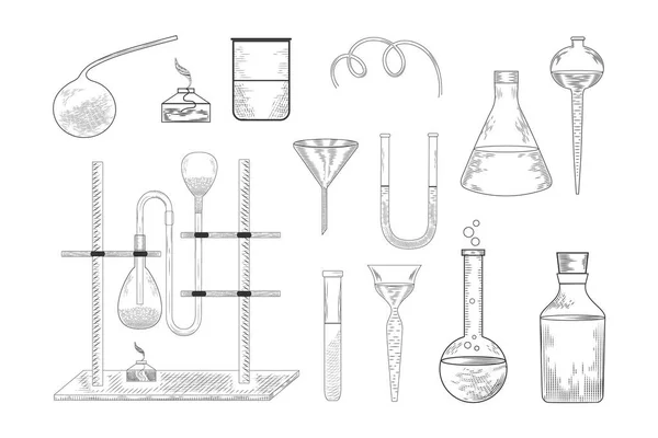 Ескіз Фізики Або Хімічного Лабораторного Експерименту Обладнання Векторні Фармацевтичні Скляні — стоковий вектор