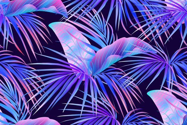 Verano Exótico Follaje Botánico Vectores Fluorescentes Colors Jungle Púrpura Neón — Vector de stock