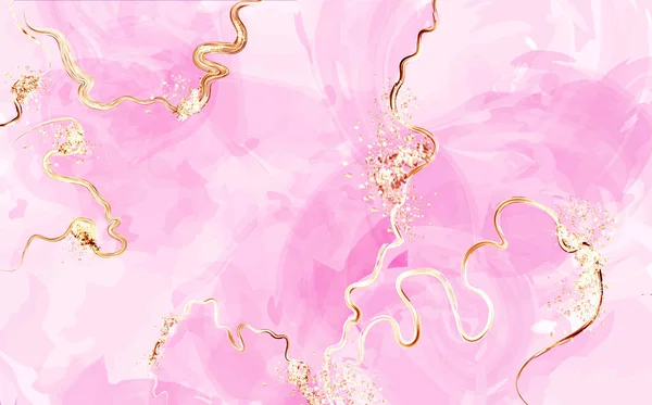 Fondo de acuarela de color rosa o albaricoque abstracto con textura dorada.Pintura fluida rubor. Invitación de boda de primavera rosa polvorienta o velo. Tinta de alcohol. — Vector de stock