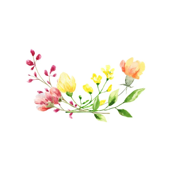 Aquarell Strauß Frühlingsblumen. Dekoration isoliert auf weißem Hintergrund, Strauß wilder Kompositionen. Für Muttertag, Hochzeit, Geburtstag, Ostern, Valentinstag. — Stockvektor