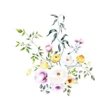 Botanic composition for wedding or greeting card.For Mother's Day, wedding, birthday, Easter, Valentine's Day.Background with watercolor flowers,floral illustration.