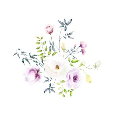 Botanic composition for wedding or greeting card.For Mother's Day, wedding, birthday, Easter, Valentine's Day.Background with watercolor flowers,floral illustration.