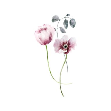 Düğün veya tebrik kartı için botanik kompozisyonu. Anneler Günü, düğün, doğum günü, Paskalya, Sevgililer Günü için. Suluboya çiçekli arka plan, çiçek resimli..