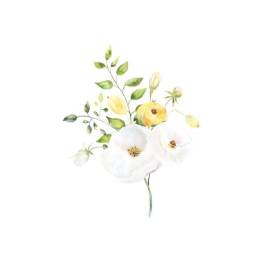 Düğün veya tebrik kartı için botanik kompozisyonu. Anneler Günü, düğün, doğum günü, Paskalya, Sevgililer Günü için. Suluboya çiçekli arka plan, çiçek resimli..