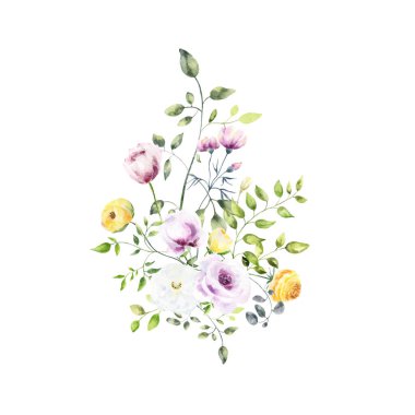 Botanic composition for wedding or greeting card.For Mother's Day, wedding, birthday, Easter, Valentine's Day.Background with watercolor flowers,floral illustration.