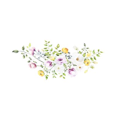 Düğün veya tebrik kartı için botanik kompozisyonu. Anneler Günü, düğün, doğum günü, Paskalya, Sevgililer Günü için. Suluboya çiçekli arka plan, çiçek resimli..