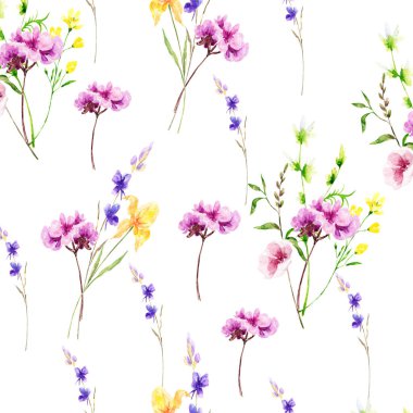 Elle çizilmiş suluboya gerçekçi çiçeklerin kusursuz deseni. Karışık medya sanatı.