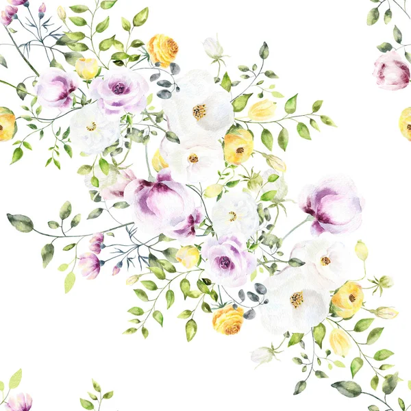 Handgezeichnete Aquarell Nahtlose Muster Realistischer Blumen Mixed Media Art — Stockfoto
