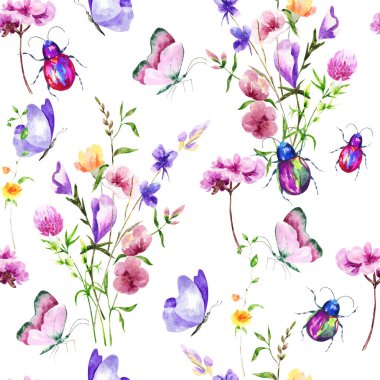 Parlak renkli gerçekçi böcek ve çiçekler. Elle çizilmiş suluboya kusursuz desen. Karışık medya sanatı.