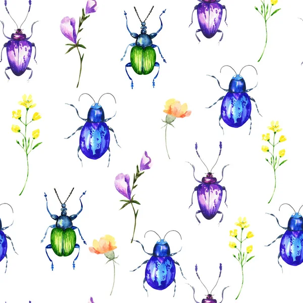 Luminoso Colorato Bug Realistico Fiori Disegnato Mano Acquerello Modello Senza — Foto Stock