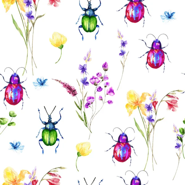 Leuchtend Bunte Realistische Käfer Und Blumen Handgezeichnetes Aquarell Nahtloses Muster — Stockfoto