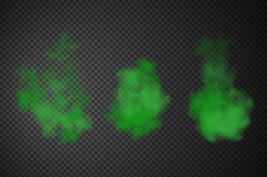 Duman ya da zehirli gazlar, kimyasal toksik buhar. Yeşil kötü koku. Şeffaf ekoseli arka planda izole edilmiş vektör gerçekçi koku veya ter kokusu seti..