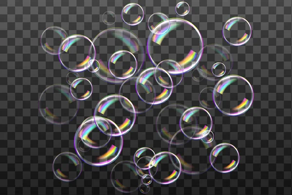 Reaistic Gekleurde Ballen Set Van Transparante Zeepbellen Geruite Achtergrond Vector — Stockvector