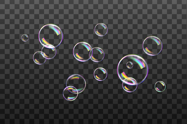 Reaistic colored balls.Set of transparent soap bubbles on checkered background.Vector texture.