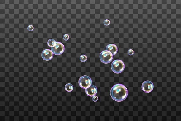 Reaistické Barevné Kuličky Vektorová Textura Sada Průhledných Mýdlových Bublin Kostkovaném — Stockový vektor