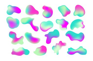 Işıldayan renklerin holografik parlak renkli tasarım paletinin izole sıvı elementlerini ayarla. Rasgele yanardöner düzensiz şekiller. Modern soyut sıvı sıçraması. .