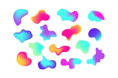 Işıldayan renklerin holografik parlak renkli tasarım paletinin izole sıvı elementlerini ayarla. Rasgele yanardöner düzensiz şekiller. Modern soyut sıvı sıçraması. .