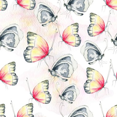 Elle çizilmiş suluboya desenli. Parlak renkli gerçekçi kelebekler ve çiçekler. Karışık ortam.