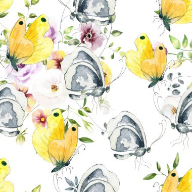 Elle çizilmiş suluboya desenli. Parlak renkli gerçekçi kelebekler ve çiçekler. Karışık ortam.