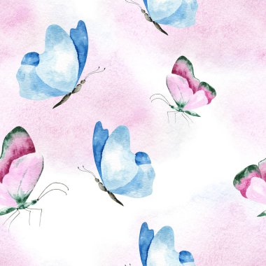 Elle çizilmiş suluboya desenli. Parlak renkli gerçekçi kelebekler ve çiçekler. Karışık ortam.