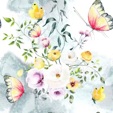 Elle çizilmiş suluboya desenli. Parlak renkli gerçekçi kelebekler ve çiçekler. Karışık ortam.