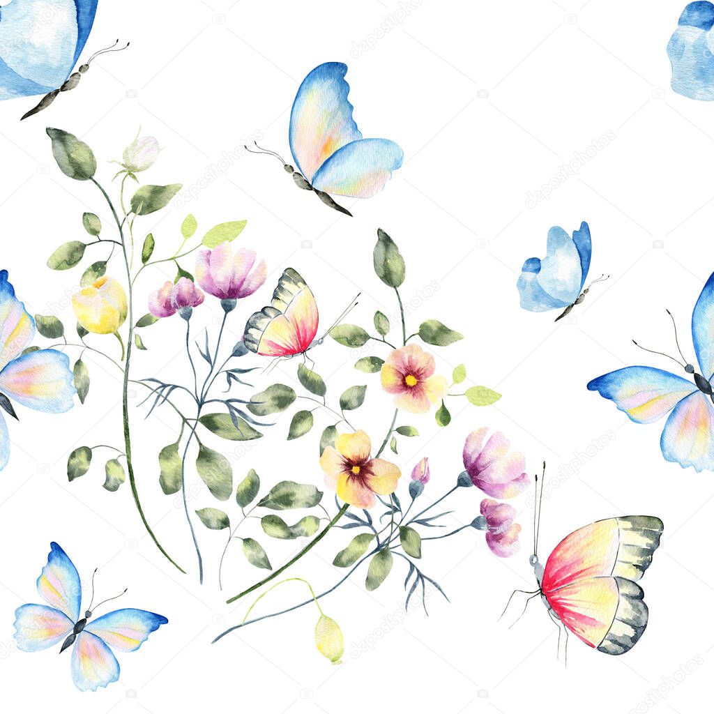 Hand drawn watercolor seamless pattern. Bright colorful realistic butterflies and flowers .Mixed media