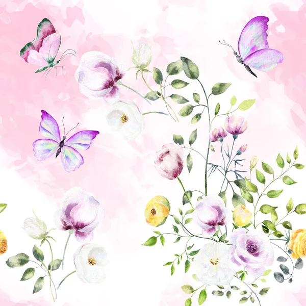 Hand Drawn Watercolor Seamless Pattern Bright Colorful Realistic Butterflies Splashes — Stock Photo, Image