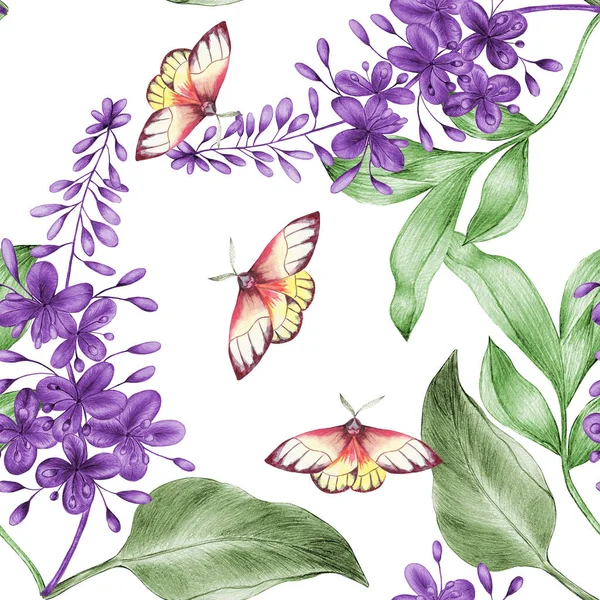 Hand Drawn Watercolor Seamless Pattern Bright Colorful Realistic Butterflies Flowers — ストック写真