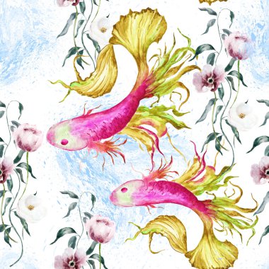 Deniz yaşamı hakkında doğal yinelenen doku dizaynı. Beyaz arka planda renksiz tropikal balıkların ve deniz yosunlarının sulu boya deseni. El çizimi gerçekçi arkaplan tasarımı.
