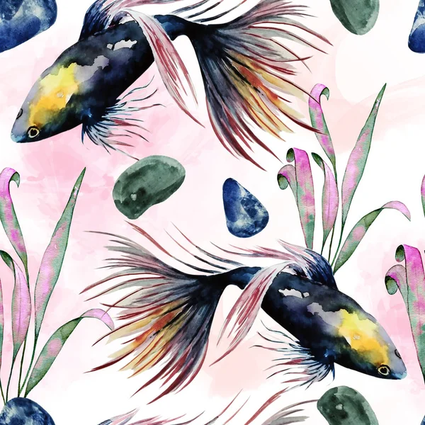 Natural repeating texture design about sea life.Watercolor seamless pattern of colorful tropical fishes and seaweed on white background. Hand drawn realistic background design.