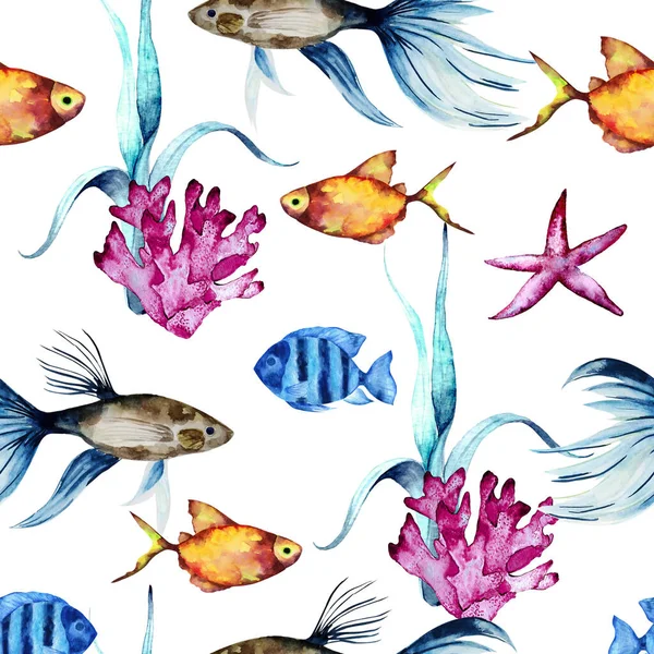 Natural repeating texture design about sea life.Watercolor seamless pattern of colorful tropical fishes and seaweed on white background. Hand drawn realistic background design.