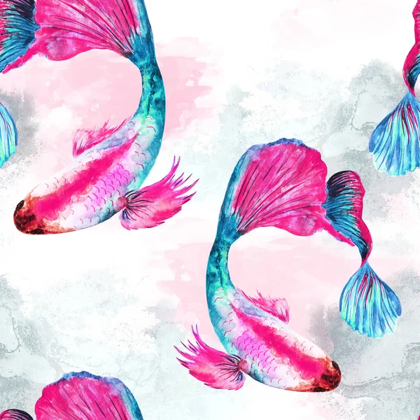 Natural repeating texture design about sea life.Watercolor seamless pattern of colorful tropical fishes and seaweed on white background. Hand drawn realistic background design.