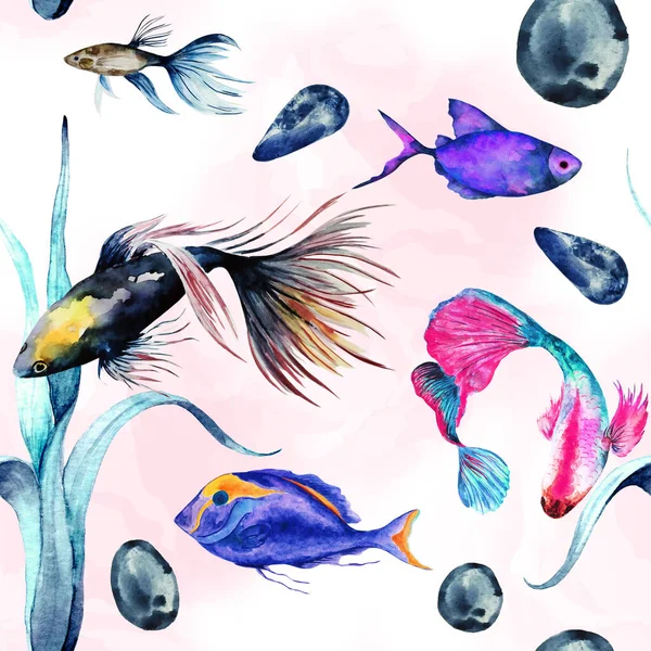 Natural repeating texture design about sea life.Watercolor seamless pattern of colorful tropical fishes and seaweed on white background. Hand drawn realistic background design.