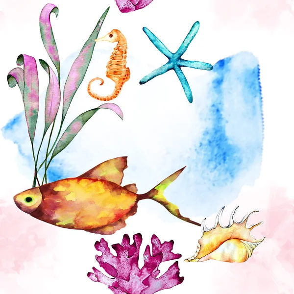 Natural Repeating Texture Design Sea Life Watercolor Seamless Pattern Colorful — Zdjęcie stockowe