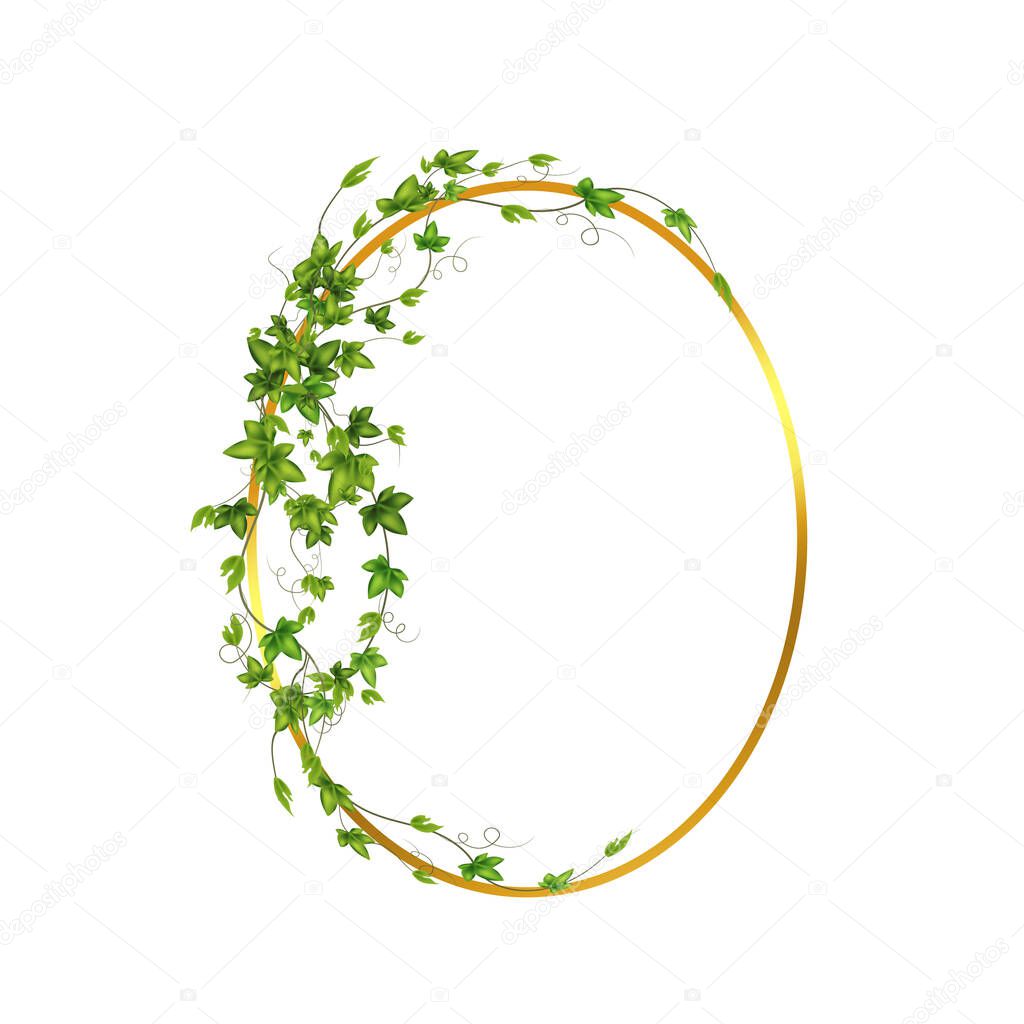 Abstract invitation design with leaves, tvigs and geometric frame.Golden frame with green branch.Herbal minimalistic vector frame.Greenery wedding square invitation.