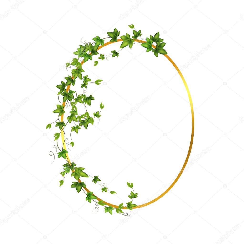 Abstract invitation design with leaves, tvigs and geometric frame.Golden frame with green branch.Herbal minimalistic vector frame.Greenery wedding square invitation.