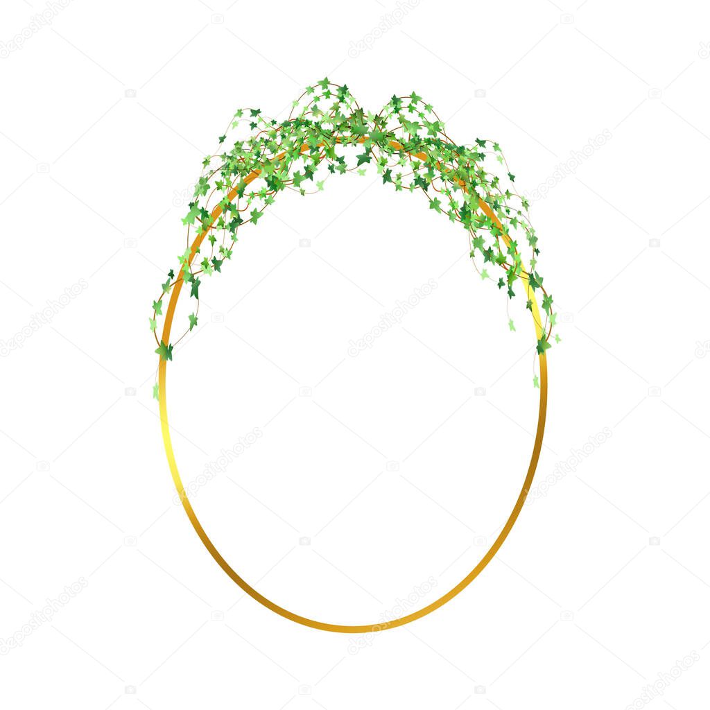 Abstract invitation design with leaves, tvigs and geometric frame.Golden frame with green branch.Herbal minimalistic vector frame.Greenery wedding square invitation.