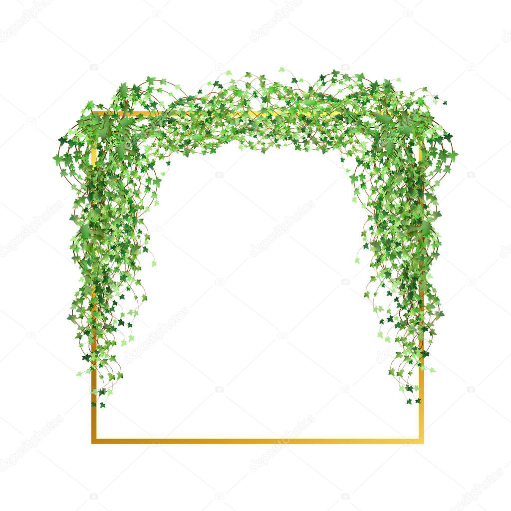 Abstract invitation design with leaves, tvigs and geometric frame.Golden frame with green branch.Herbal minimalistic vector frame.Greenery wedding square invitation.