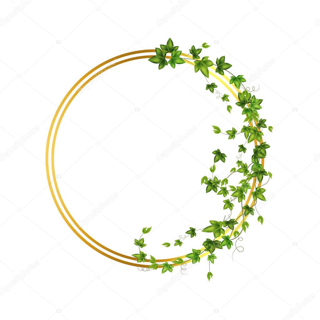 Abstract invitation design with leaves, tvigs and geometric frame.Golden frame with green branch.Herbal minimalistic vector frame.Greenery wedding square invitation.